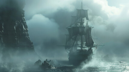 A ghostly ship sailing on a sea of lost souls, fog swirling