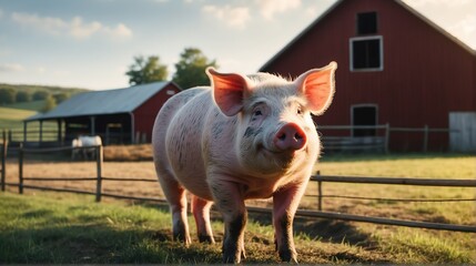 A pig standing on a farm background with farmhouse ranch from Generative AI