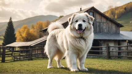 A pyrenean standing on a farm background with farmhouse ranch from Generative AI - obrazy, fototapety, plakaty