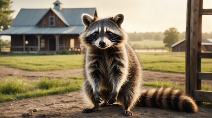 A raccoon standing on a farm background with farmhouse ranch from Generative AI - obrazy, fototapety, plakaty