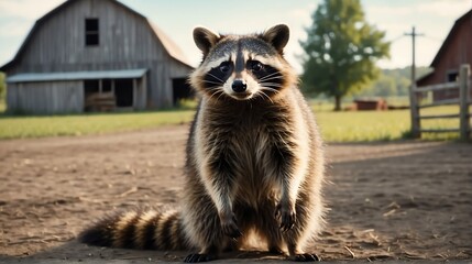 A raccoon standing on a farm background with farmhouse ranch from Generative AI - obrazy, fototapety, plakaty