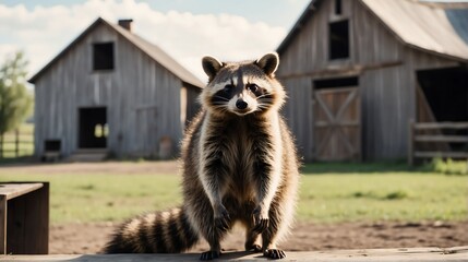 A raccoon standing on a farm background with farmhouse ranch from Generative AI