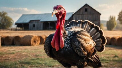 A turkey standing on a farm background with farmhouse ranch from Generative AI - obrazy, fototapety, plakaty