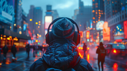 A young man in a winter jacket and beanie with headphones walks through a bustling city street at night, illuminated by neon signs and lights. - obrazy, fototapety, plakaty