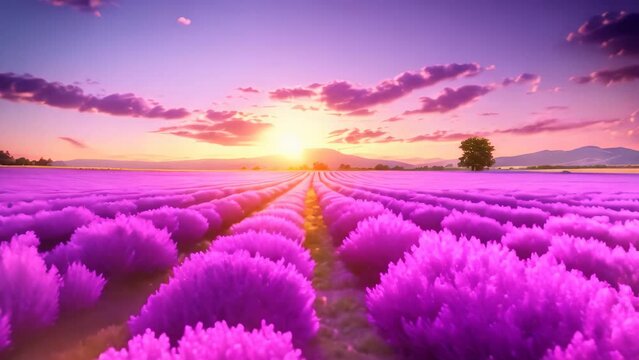 Beautiful sunset over lavender field in Provence, France, Beautiful lavender field landscape view at sunset, AI Generated