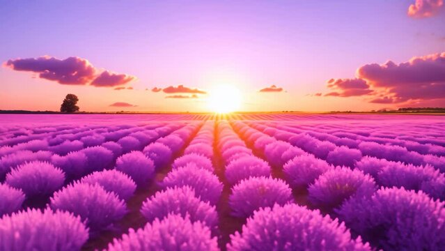 Sunset over lavender field in Provence, France, Beautiful lavender field landscape view at sunset, AI Generated