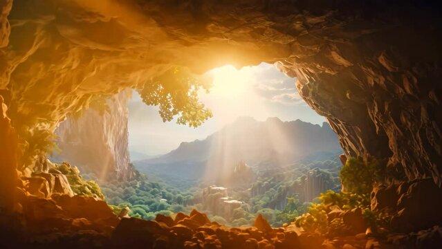 Beautiful view of the cave and the mountains. 3d rendering, Beautiful mountaintop landscape view from a large cave, AI Generated