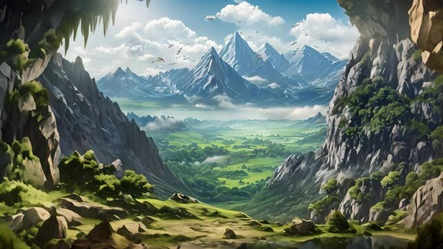 Fantasy alien planet. Mountain and lake. 3D illustration, Beautiful mountaintop landscape view from a large cave, AI Generated