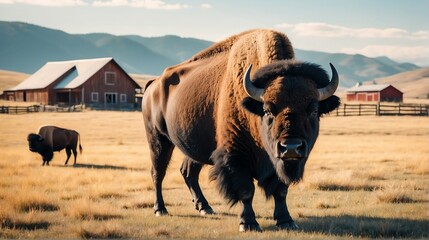 An bison standing on a farm background with farmhouse ranch from Generative AI - obrazy, fototapety, plakaty