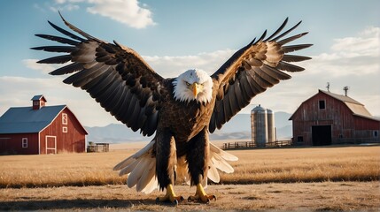 An eagle standing on a farm background with farmhouse ranch from Generative AI - obrazy, fototapety, plakaty