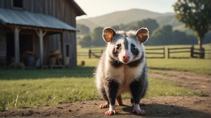An opposum standing on a farm background with farmhouse ranch from Generative AI - obrazy, fototapety, plakaty