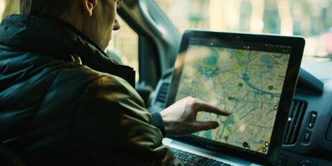 Fototapeta na wymiar A man is using a laptop to navigate a map