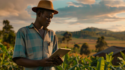 Mid section view of Male farmer using digital tablet to enter and compare data on crop field - Powered by Adobe