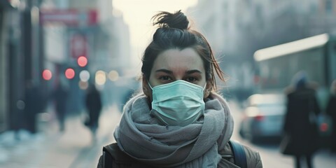 A woman wearing a mask and scarf is walking down a street - obrazy, fototapety, plakaty