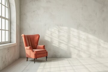 a luxury classic royal style comfortable armchair on a wooden floor with a white wall in background