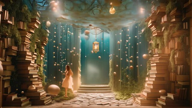3d rendering of a girl standing in the middle of a tree surrounded by books, Enter a whimsical literary wonderland where floating books create enchanting pathways of words and ideas, AI Generated