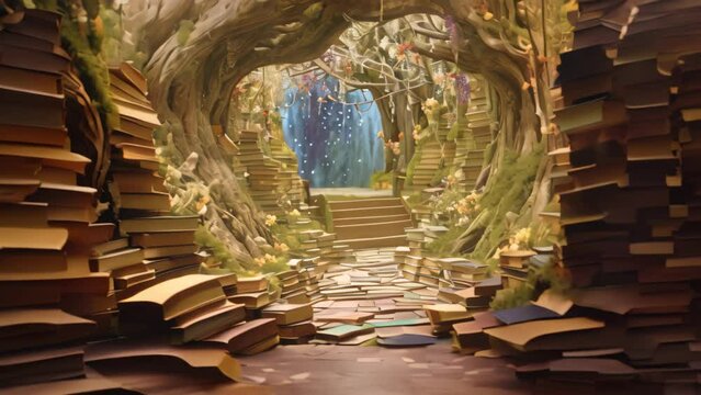Old books in the magic forest. Fantasy world. 3D rendering, Enter a whimsical literary wonderland where floating books create enchanting pathways of words and ideas, AI Generated