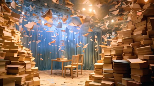 Pile of old books in a room with blue curtains. 3d rendering, Enter a whimsical literary wonderland where floating books create enchanting pathways of words and ideas, AI Generated