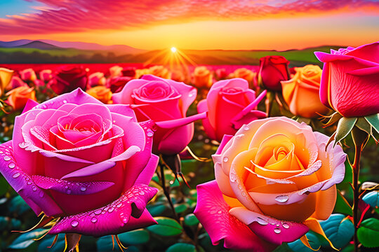 Vivid Colors Roses Field at Sunrise (PNG 8640x5760)