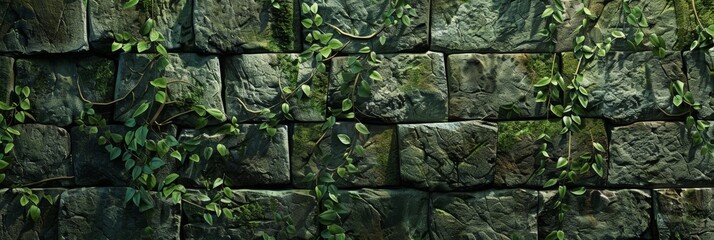 A rough stone wall pattern, reminiscent of the lost cities and ruins, with moss and vine overlays, creating a mysterious and ancient backdrop created with Generative AI Technology - obrazy, fototapety, plakaty