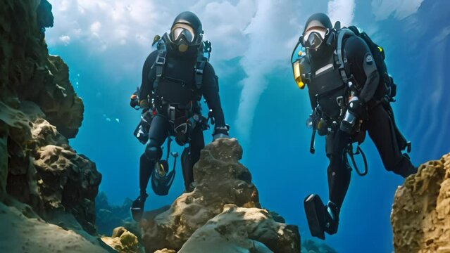 Scuba divers on a coral reef in the Red Sea. Egypt, Extreme divers in the coral reef, no visible faces, AI Generated