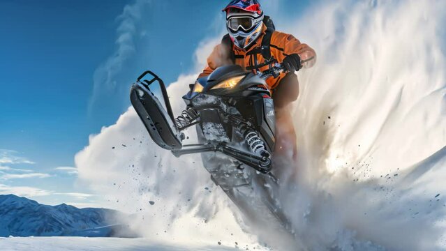 Athlete riding a snowmobile in the mountains on a sunny day, Extreme rider jumping with a snowmobile on the snow, face covered with a helmet, AI Generated