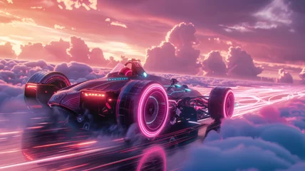 Foto op Canvas Futuristic neon racer speeding on a track suspended in the clouds © Anuwat