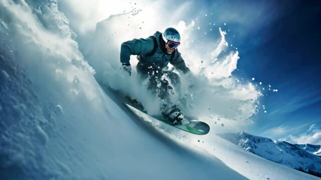 Flying snowboarder on mountains. Extreme winter sport. 3D Rendering, Extreme snowboarding on the snow, no visible faces, AI Generated