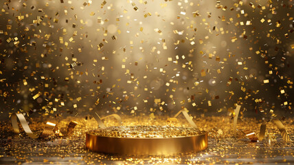 Golden podium under a rain of confetti, celebration theme