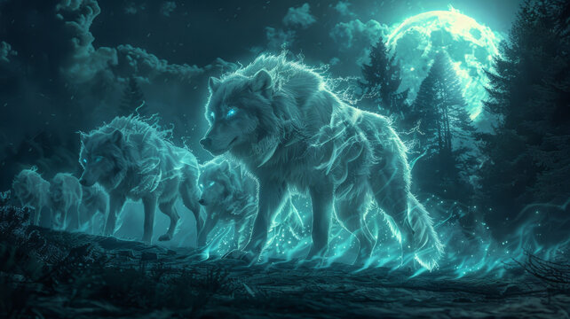 Glowing spectral wolves prowling a dark forest under a full moon