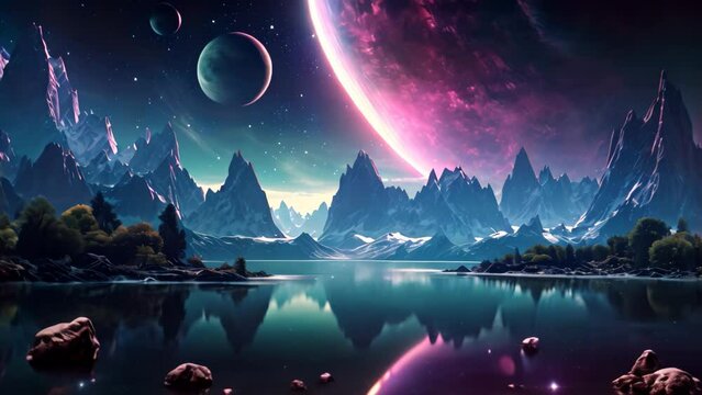 Fantasy landscape with planet and moon. 3d render. Elements of this image furnished by NASA, Fantasy depiction of an alien planet featuring mountains and a lake, AI Generated