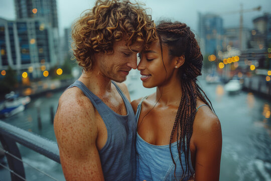 An interracial couple embracing ourtdoors, young cheerful man with dark skin pretty girl enjoying a romantic evening on a waterfront promenade. Multiethnic love and interethnic affection concept