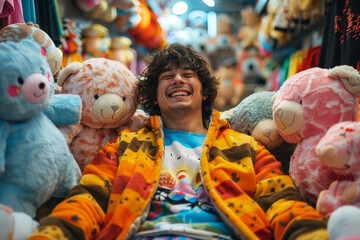 Jovial, rotund happy male lying in room surrounded by an array of colorful plush toys and quirky decorations. Happy grown man fooling around and pretending to be a child - obrazy, fototapety, plakaty