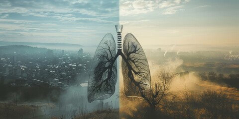 A city skyline with a large, broken-down lung in the middle - obrazy, fototapety, plakaty
