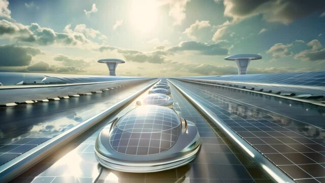 An image of a modern airport set against a clear blue sky with fluffy white clouds, Future cars running on solar energy with solar panels, eco-friendly, AI Generated