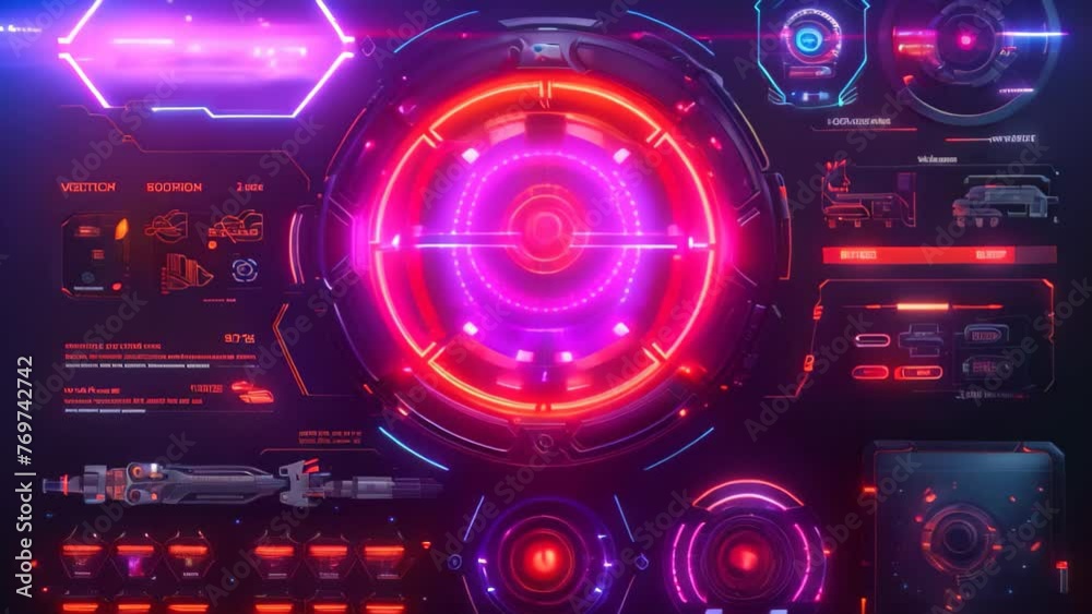 Poster an image of a computer screen with vibrant neon lights in a futuristic setting, game interface with 