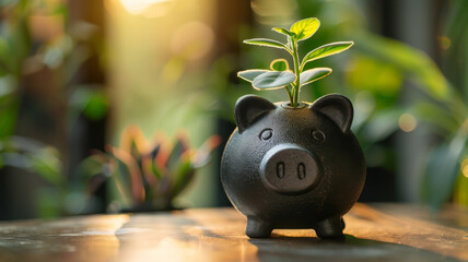 Simple piggy bank silhouette with a growing plant for savings - obrazy, fototapety, plakaty