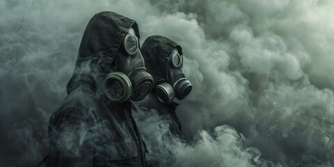 Two people wearing gas masks stand in front of a cloud of smoke