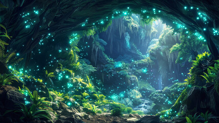 Subterranean cave glowing with bioluminescent plants and creatures, echoes of whispers