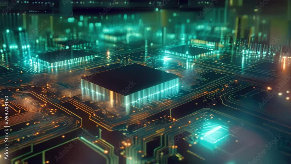 Poster circuit board with electronic components close-up. 3d rendering, abstract computer circuit board and