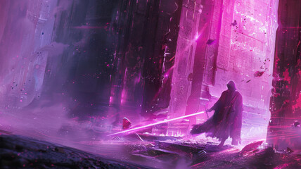Warrior wielding a neon sword battling shadows in a forgotten ruin