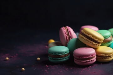 Obraz na płótnie Canvas Macaroons or Macaron in different colours on a dark background