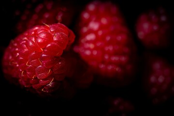 Close-up of freshly-picked raspberries on a dark surface