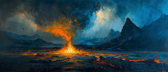 Volcanic landscape, oil painted, lava flow, dramatic evening, telephoto shot.