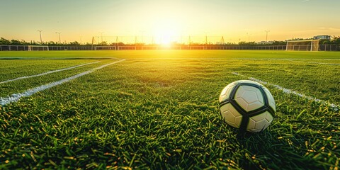 Soccer field green grass at sunset - obrazy, fototapety, plakaty