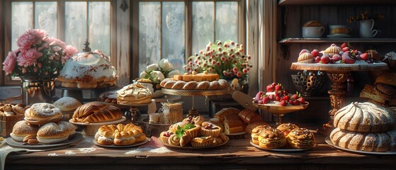 Vintage kitchen, oil paint style, assorted pastries, warm morning light, wide shot. - obrazy, fototapety, plakaty