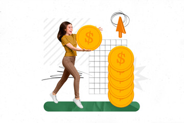 Collage young woman carry golden coin collect savings cryptocurrency tokens earnings successful...