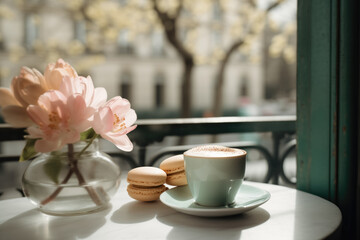 Fototapeta na wymiar Cup of Coffee and macaroons a terrace at a Paris Cafe in the Spring. Coffee and Flowers in charming cozy Coffee Shop outdoor. Morning Cappuccino and romantic atmosphere of an old European city