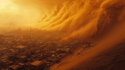 Sandstorm engulfing a city, visibility near zero