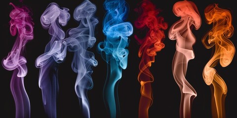 A series of colorful smoke trails are shown in a black background - obrazy, fototapety, plakaty